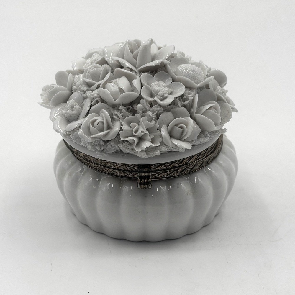 Vintage Ardalt Japan Porcelain Floral Trinket Box Capodimonte Style White Rose